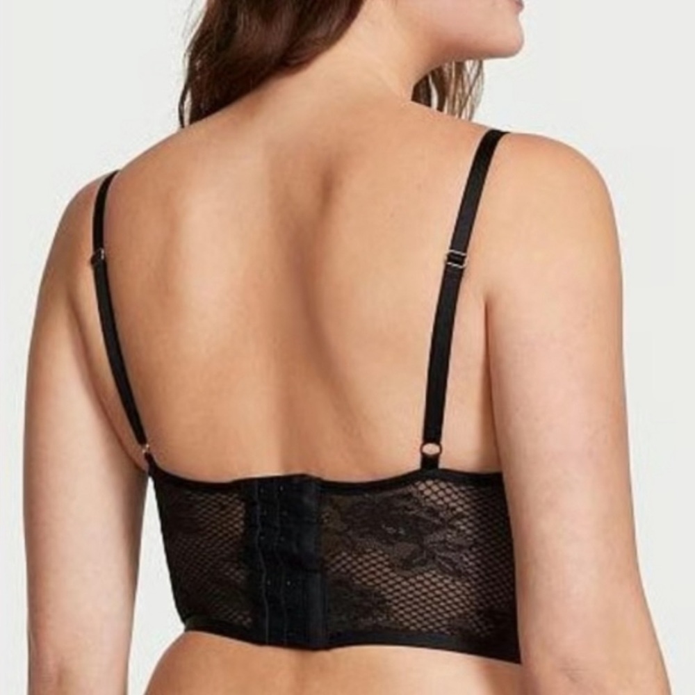 VICTORIAS SECRET BLACK LEATHER FISHNET MESH VERY SEXY PUSH-UP CORSET BUSTIER BRA - Picture 10 of 10
